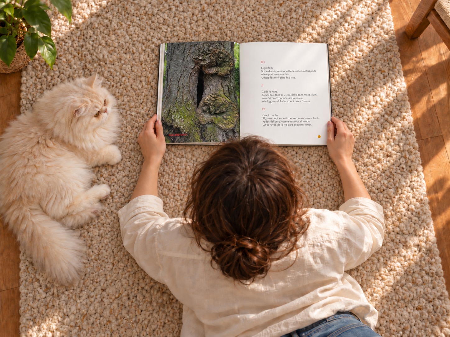 Lectura de un relato de SOLANERA sobre una alfombra junto a un gato persa